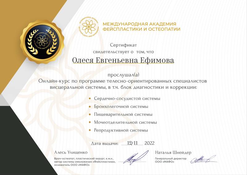 Кинезиолог Ефимова Сертификат13